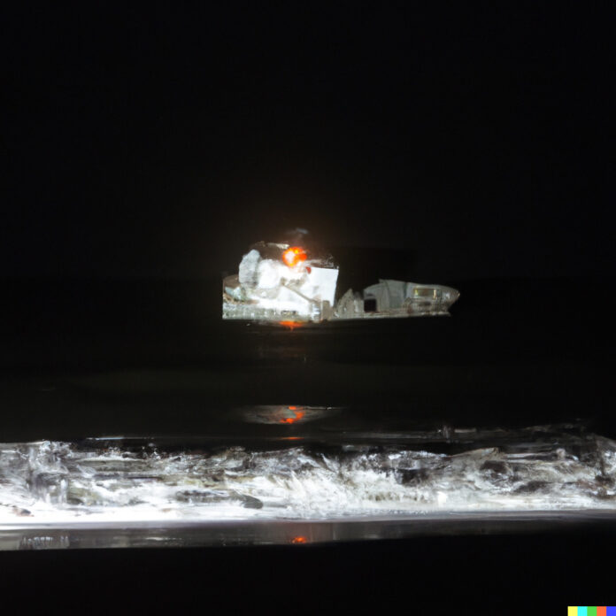 DALL·E 2023-02-26 20.01.03 - barco borracha com centenas de migrantes no mar de noite em naufragio