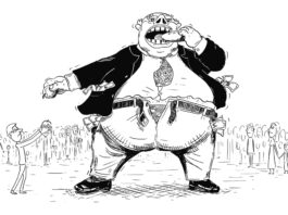 Vector cartoon drawing conceptual illustration of fat rich man, businessman or capitalist in suit and money in pockets is eating food of crowd poor small people around. Concept of corporate greed and social inequality.