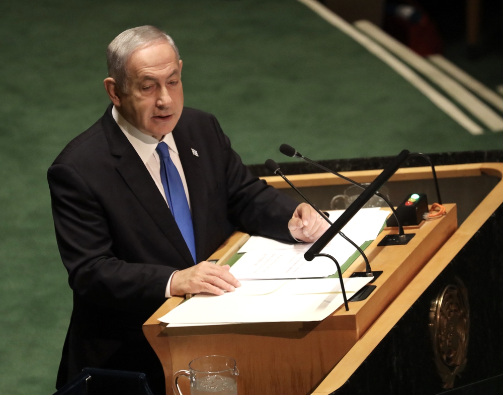 (NEW) Benjamin Netanyahu Prime Minister of Israel, Speaks at UN 78th GA in New York. September 22, 2023, New York, USA: Benjamin Netanyahu Prime Minister of Israel speaks at the 78th session of the United Nations General Assembly in New York. The Assembly begins today (19) and continues till September 26th.
